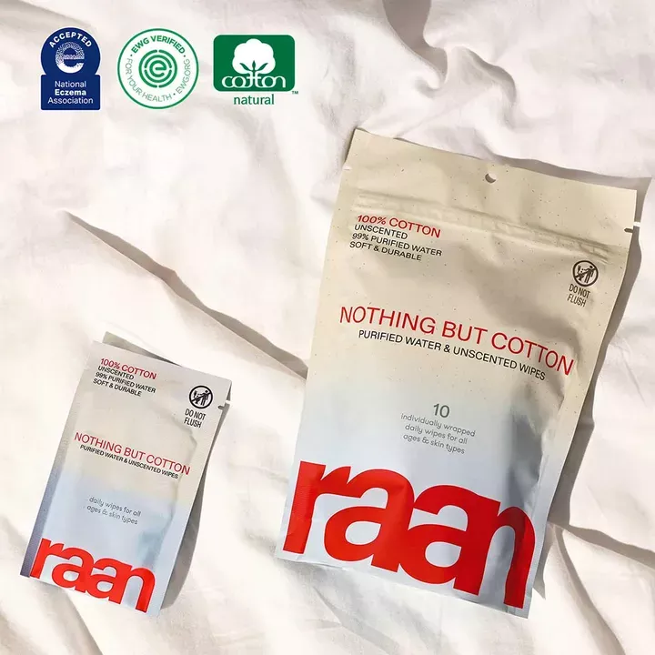 100% COTTON WATER WIPES, UNBLEACHED - (10 Individually Wrapped Wipes per POUCH)