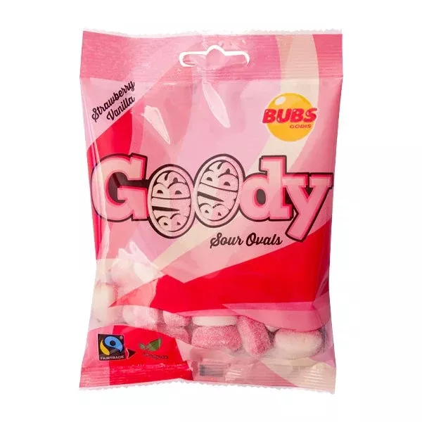 BUBS Godis Sour Strawberry Vanilla Ovals Candy - 90g Peg Bag