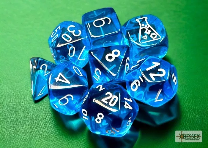 Chessex Translucent Tropical Blue/White 7-Die Set with Bonus Die