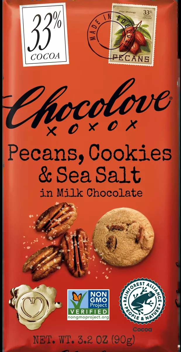 Chocolove Pecans, Cookies & Sea Salt in 33% Milk Chocolate 3.2oz Bar (SNG12)