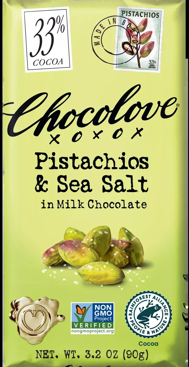 Chocolove Pistachios & Sea Salt in 33% Milk Chocolate 3.2oz Bar (SNG12)