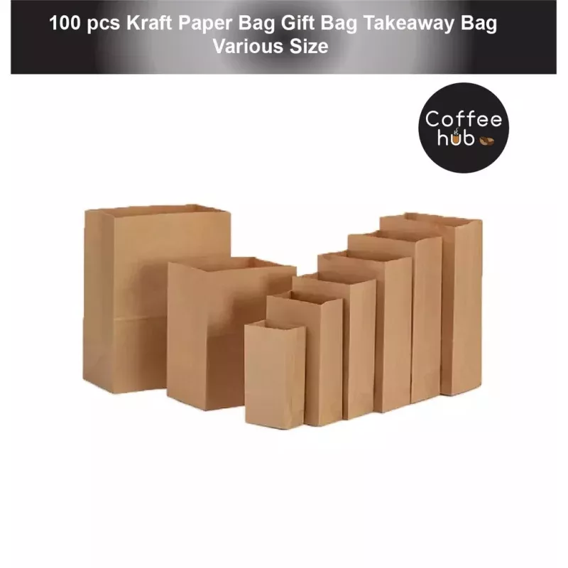 READY STOCK)Brown Kraft Paper Takeaway Bags Gift Packaging Biscuit Bread Restaurant Cafe 100pcs
