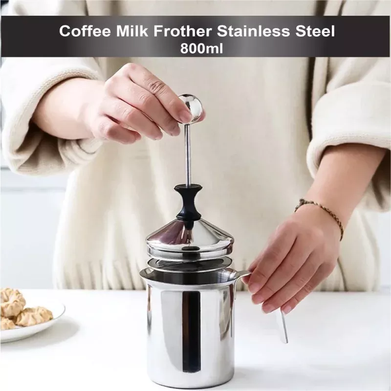 (Ready Stock)Coffee Hand Pump Manual Milk Foam Frother Stainless Steel Double Mesh Jug 400ml