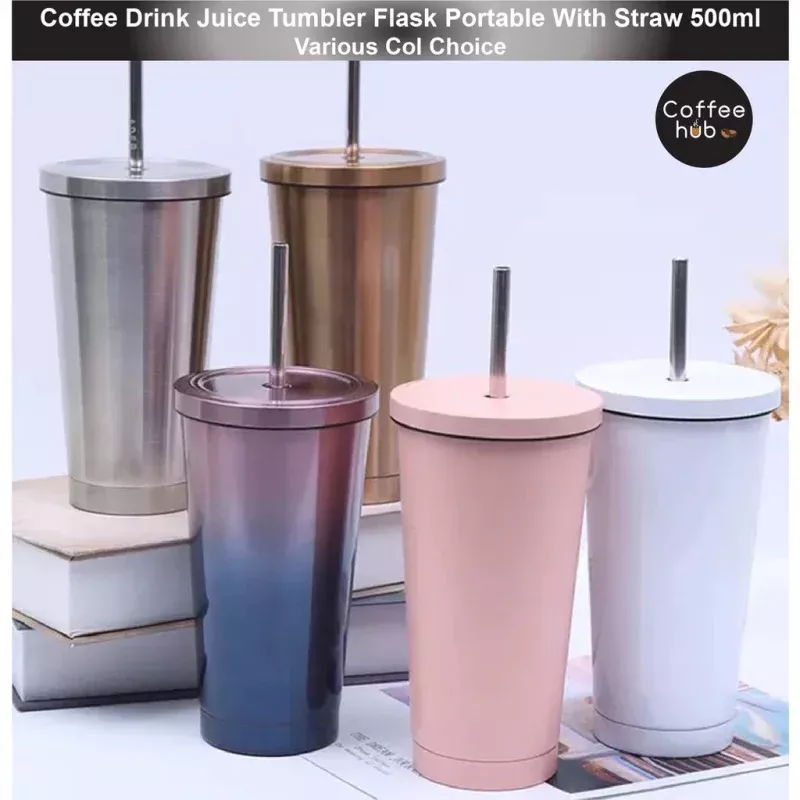 (Ready Stock)Coffee Mug Drink Travel Portable Flask Insulated Stainless Steel 500ml Tumbler With Straw