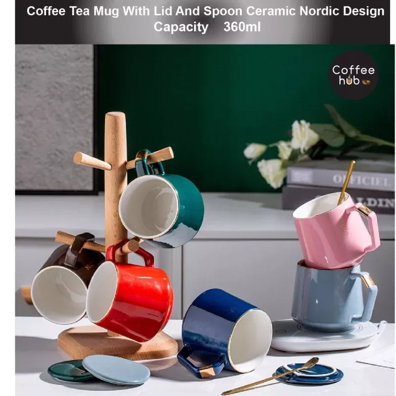 (READY STOCK)Coffee Tea Mug With Lid And Spoon Ceramic Creative Nordic Style 360ml