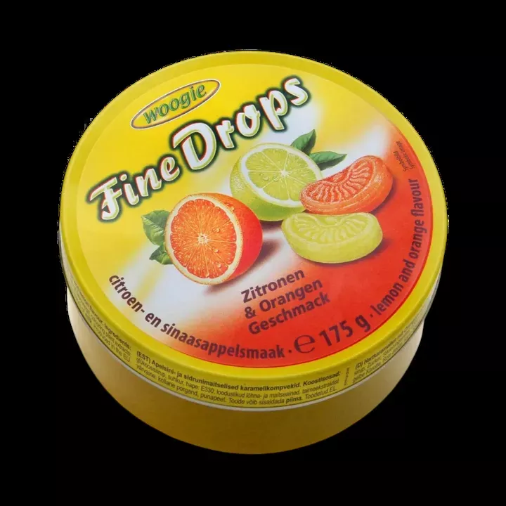 Woogie Lemon and orange Drops Sanded Candies 175g Tin